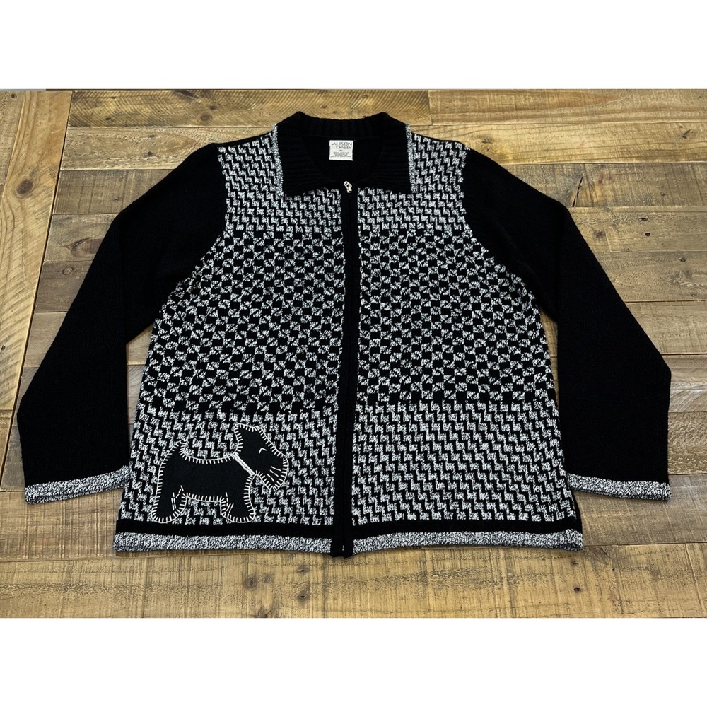 VTG Allison Daley Womens XL Full Zip Black Cardigan Sweater Dog Beaded